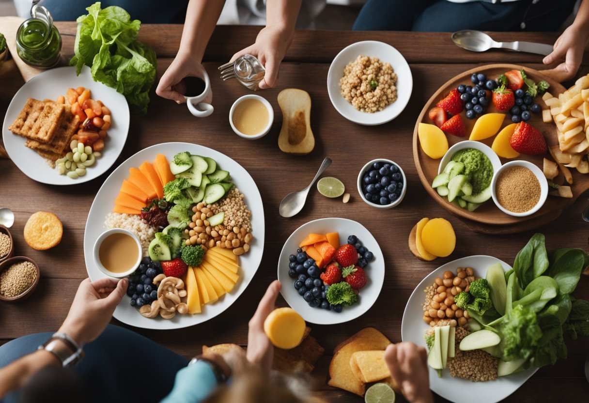 Why Eating Slow is Good for You: A table set with a variety of colorful, nutritious foods, with a person sitting comfortably, enjoying each bite mindfully