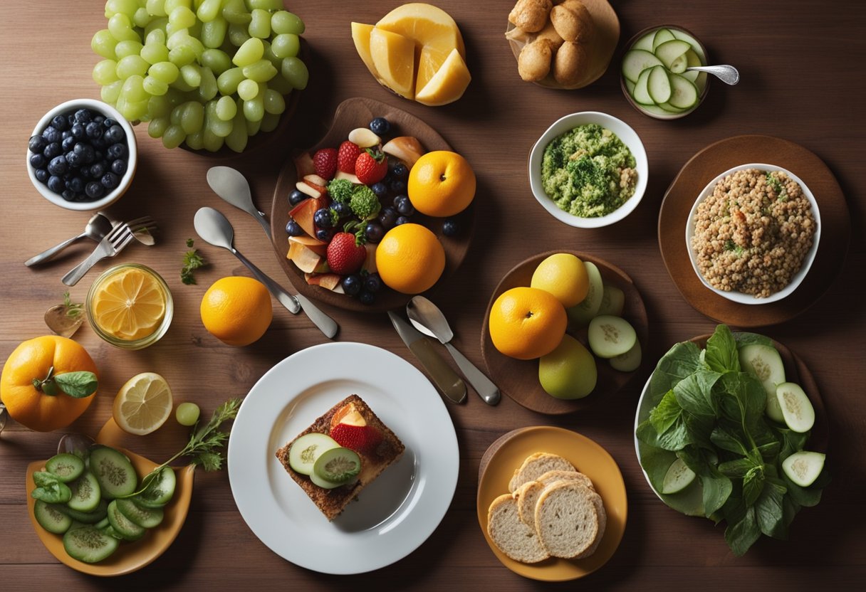 Why Eating Slow is Good for You: A table set with a variety of colorful, fresh foods, with a relaxed atmosphere. A clock on the wall showing the passing of time as a person takes small, deliberate bites