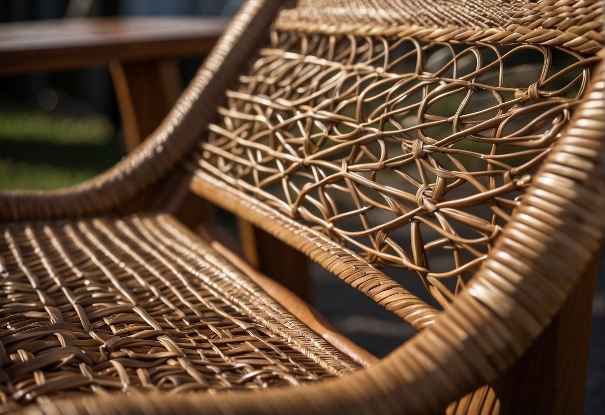 A close-up of the intricate weaving pattern on a brown Jordan outdoor chair, showcasing the high-quality craftsmanship and durable materials used in its construction