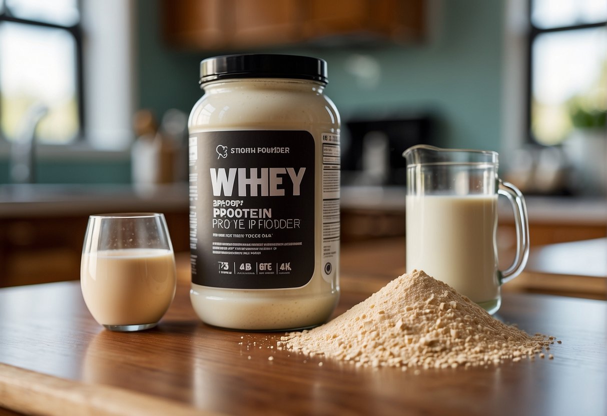 A scoop of whey protein powder sits on a kitchen counter, with a glass of milk and a blender in the background