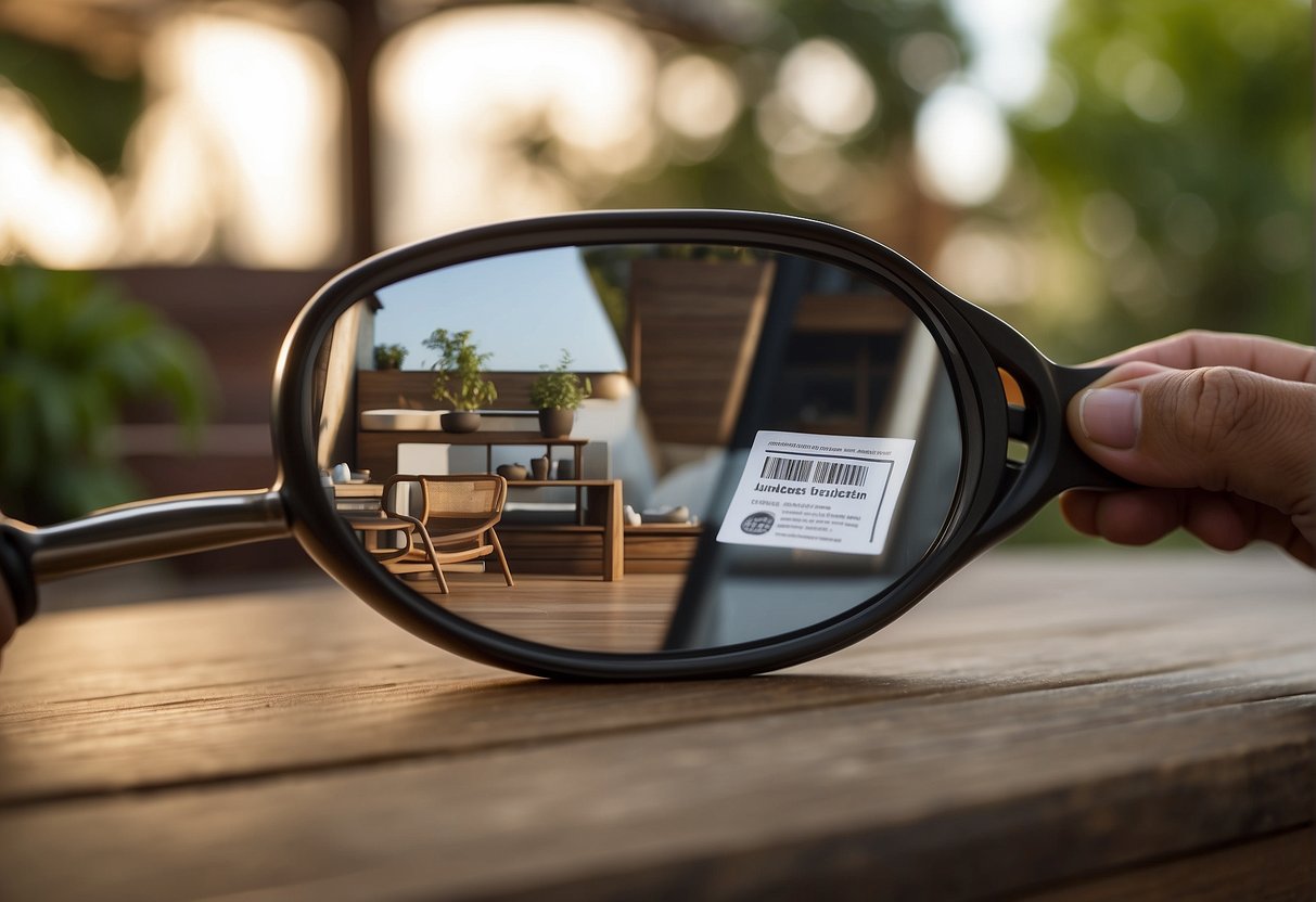 A person using a magnifying glass to inspect the Brown Jordan outdoor furniture for authenticity, checking for logos, serial numbers, and quality craftsmanship