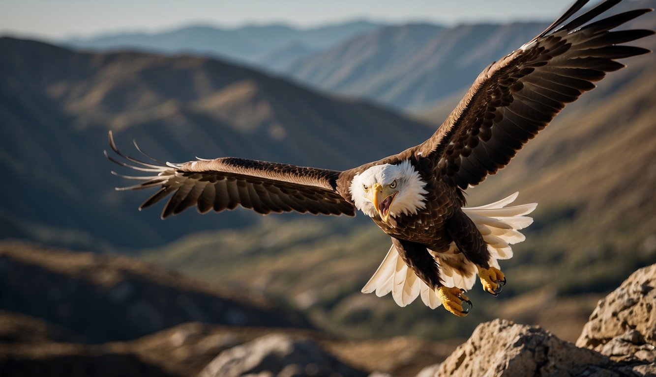 An eagle soars high above the rugged landscape, scanning the ground with intense focus.

Its keen eyesight captures every detail, from the smallest prey to the vast expanse below