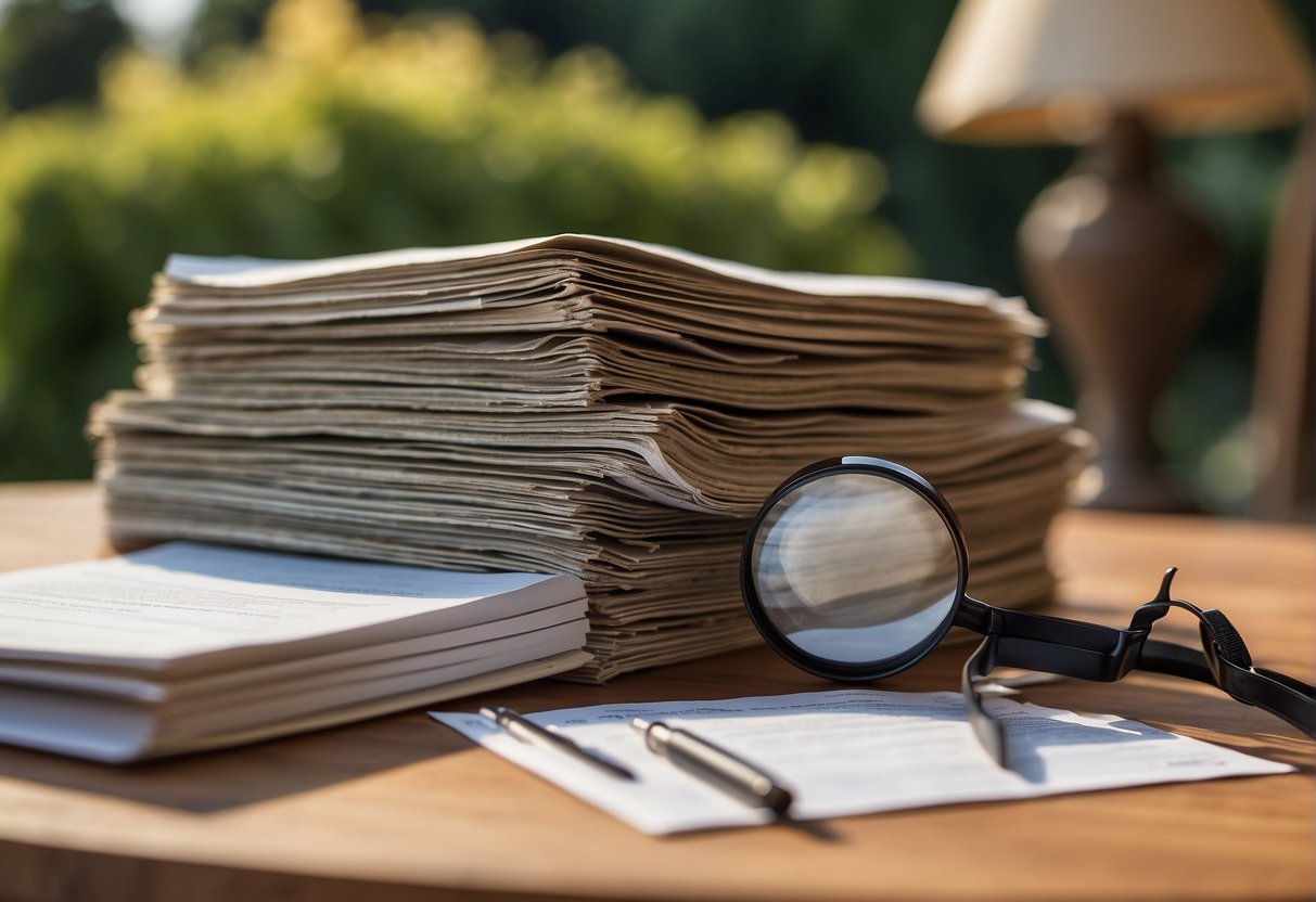 A stack of care and maintenance records for Brown Jordan outdoor furniture sits on a wooden table, with a magnifying glass next to them for closer inspection