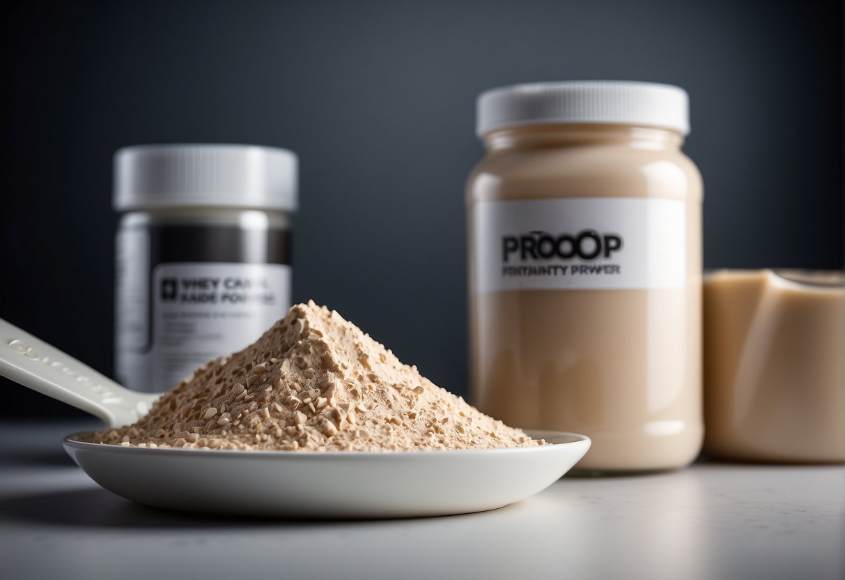 A scoop of whey protein powder next to a container of Andra Proteintyper protein powder on a clean, white surface