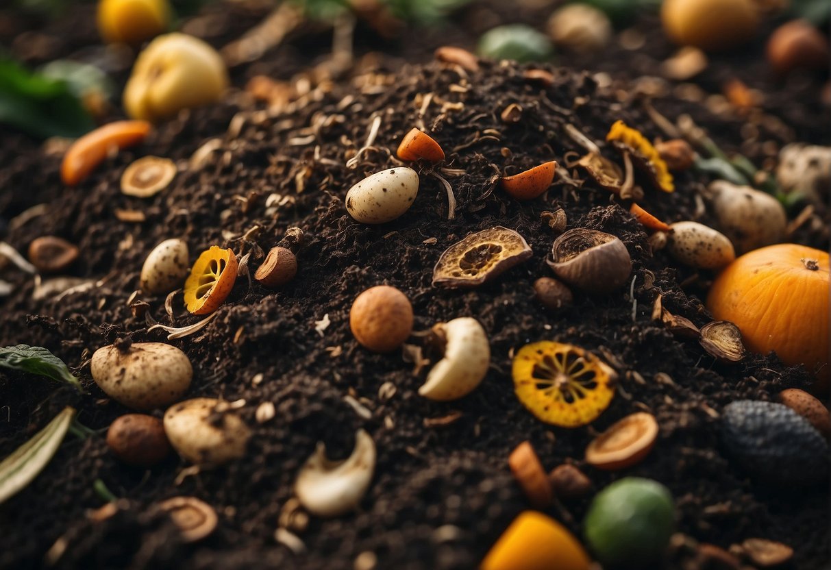 A pile of decaying organic matter, including vegetable scraps and animal waste, is being mixed together to create nutrient-rich compost