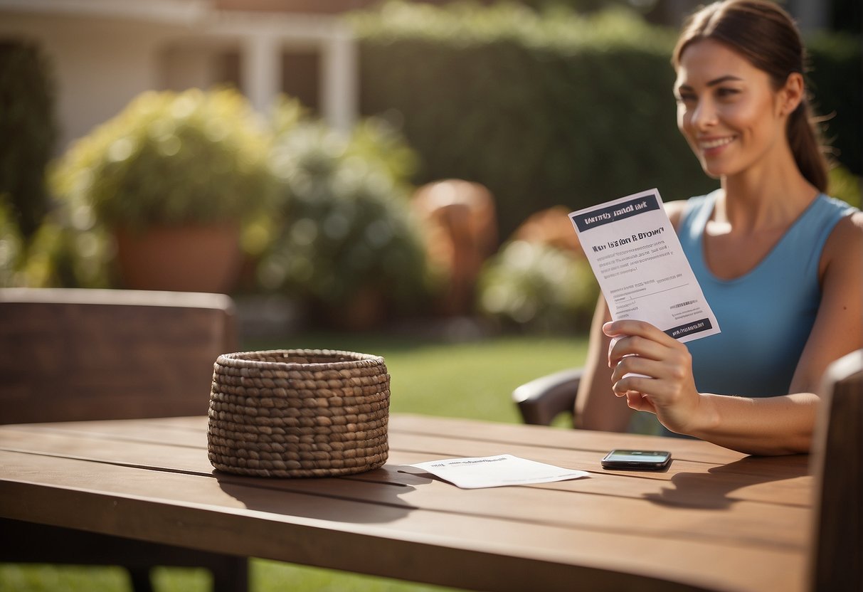 A person uses a warranty card to identify a brown Jordan outdoor furniture piece while contacting customer service for assistance