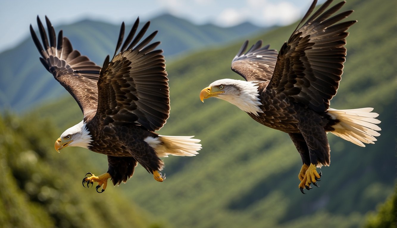 Eagles soar above a lush landscape, their keen eyes scanning for prey.

The world below is seen in vivid detail, capturing the essence of their powerful vision