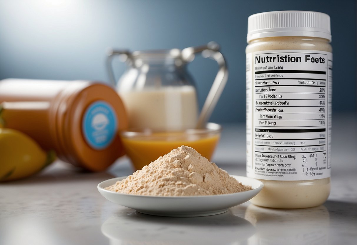 A scoop of whey protein powder sits on a clean, white surface with a nutrition label and quality assurance stamp in clear view