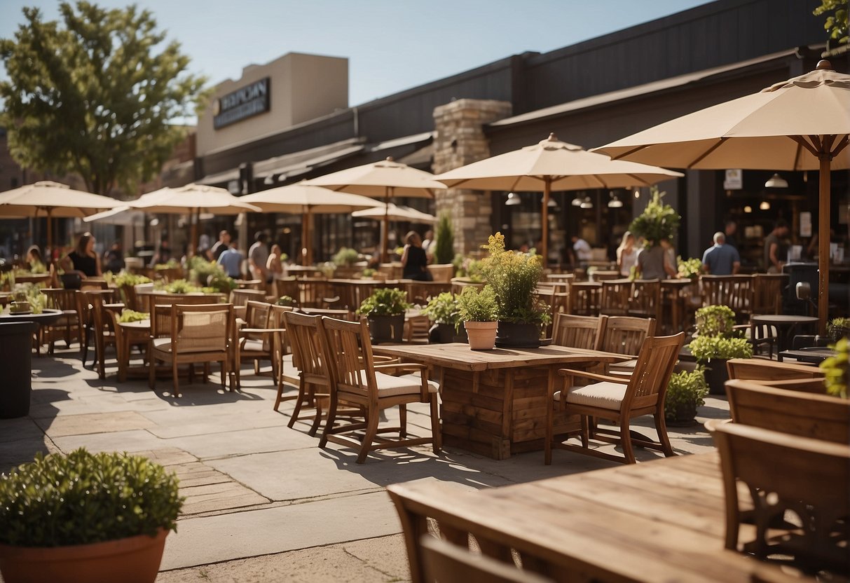 A bustling marketplace with various outdoor furniture on display. Customers are leaving reviews for the seller. Signs indicate how to identify Brown Jordan furniture