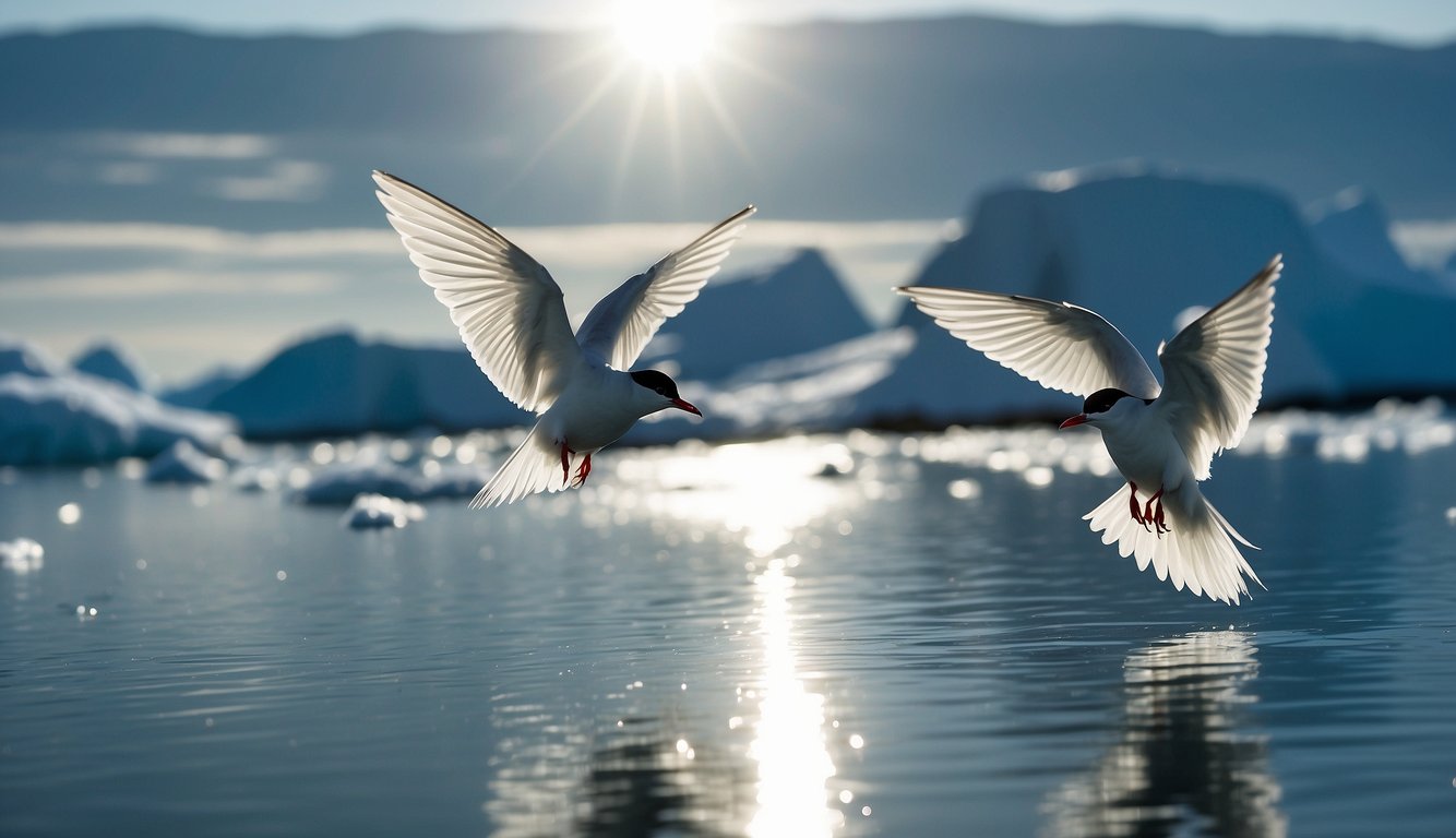 Arctic Terns soar over icy waters, their sleek bodies cutting through the crisp air.

The sun gleams off their white and gray feathers as they migrate from the North Pole to the South Pole