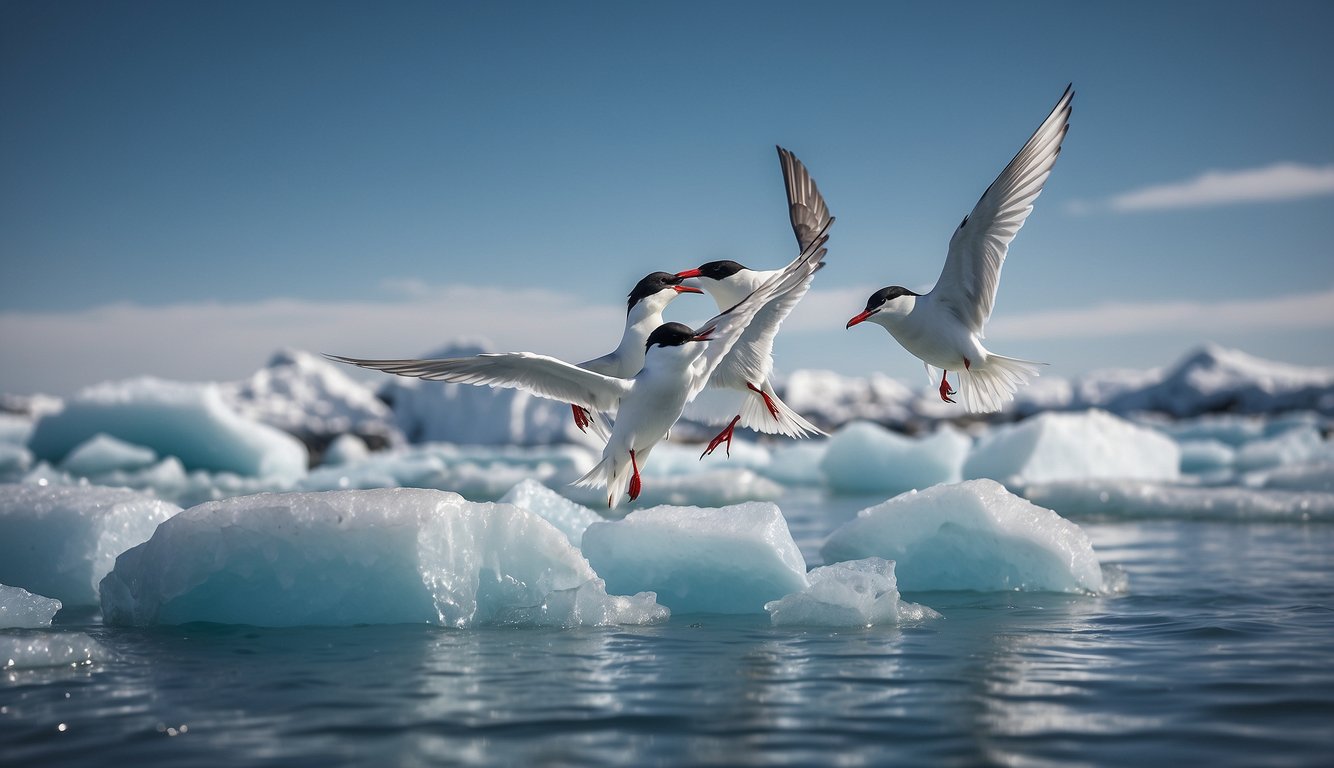 Arctic terns fly over icy waters, navigating from the North to South Pole.

They face threats from climate change and human activity