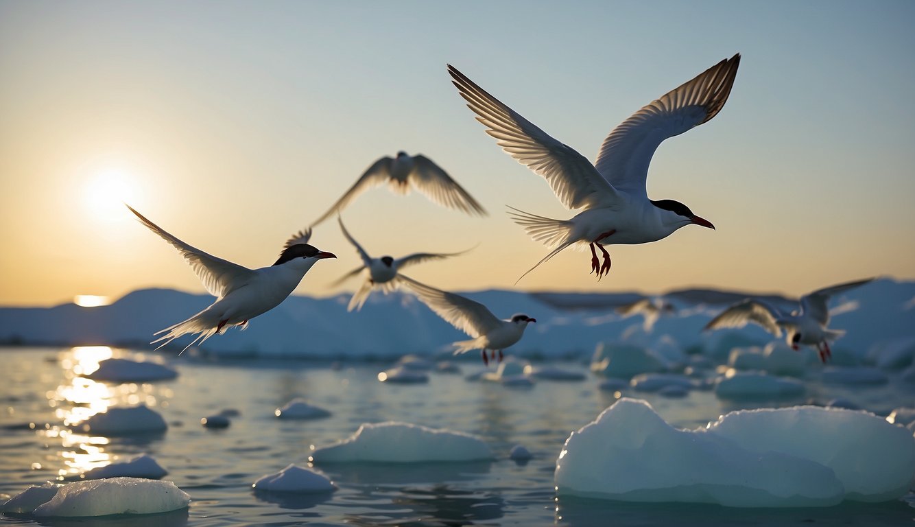 Arctic terns soar over icy waters, their sleek wings slicing through the air as they migrate from pole to pole.

The vast expanse of the ocean stretches out below them, and the sun glistens off the water, creating a breathtaking scene