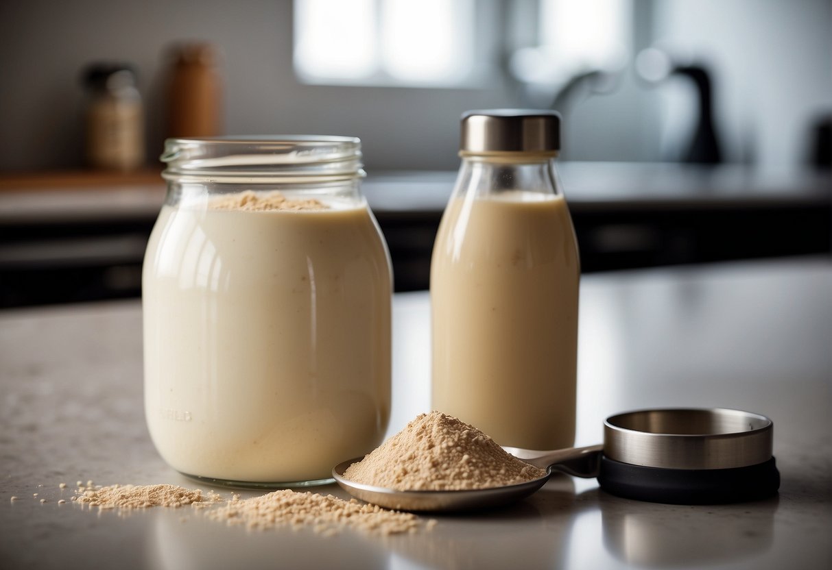 A scoop of whey protein powder sits on a kitchen counter next to a shaker bottle and a measuring scoop