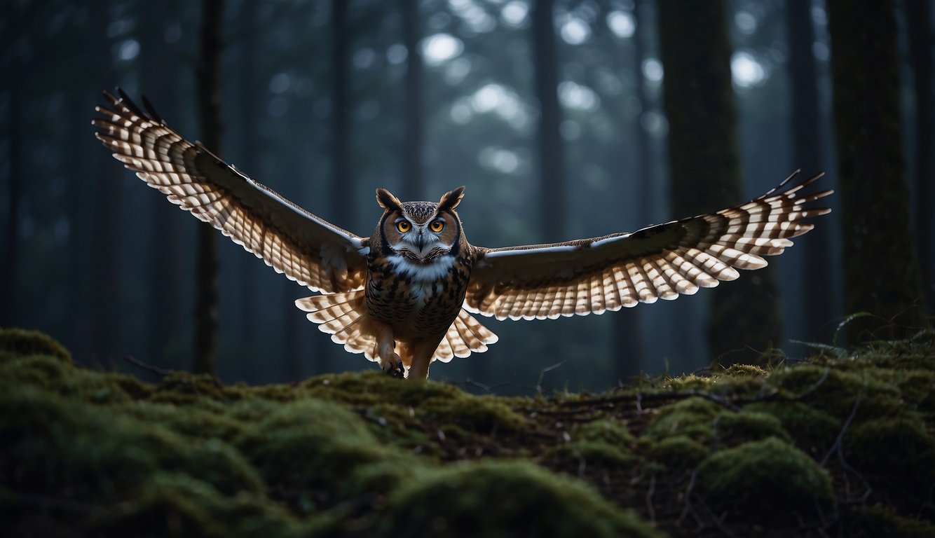 An owl glides through the moonlit forest, its wings spread wide as it descends upon its prey with silent precision