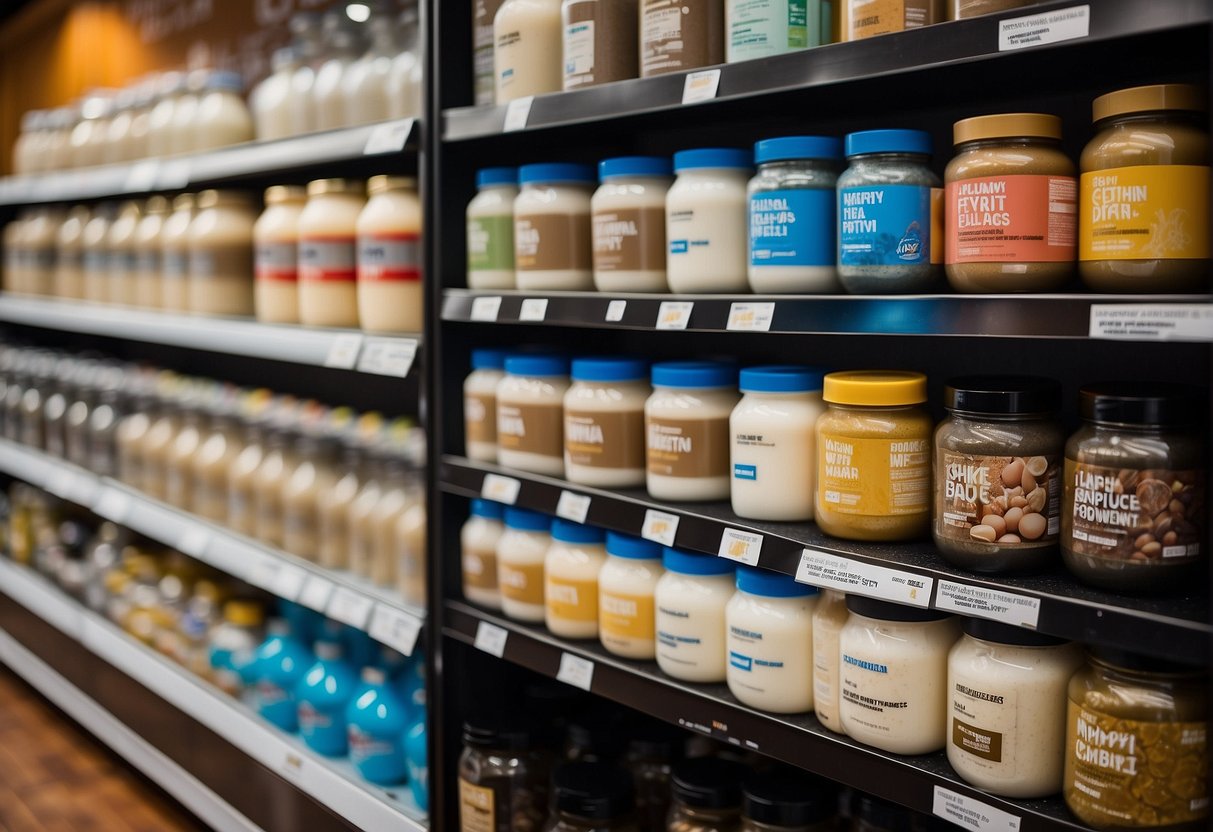 A variety of eco-friendly and diet-friendly options of whey protein powder displayed on a shelf