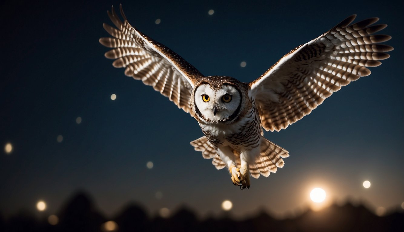 An owl in flight, wings outstretched, gliding silently through the night.

Moonlight illuminates its graceful form, showcasing the mystery of noiseless flight