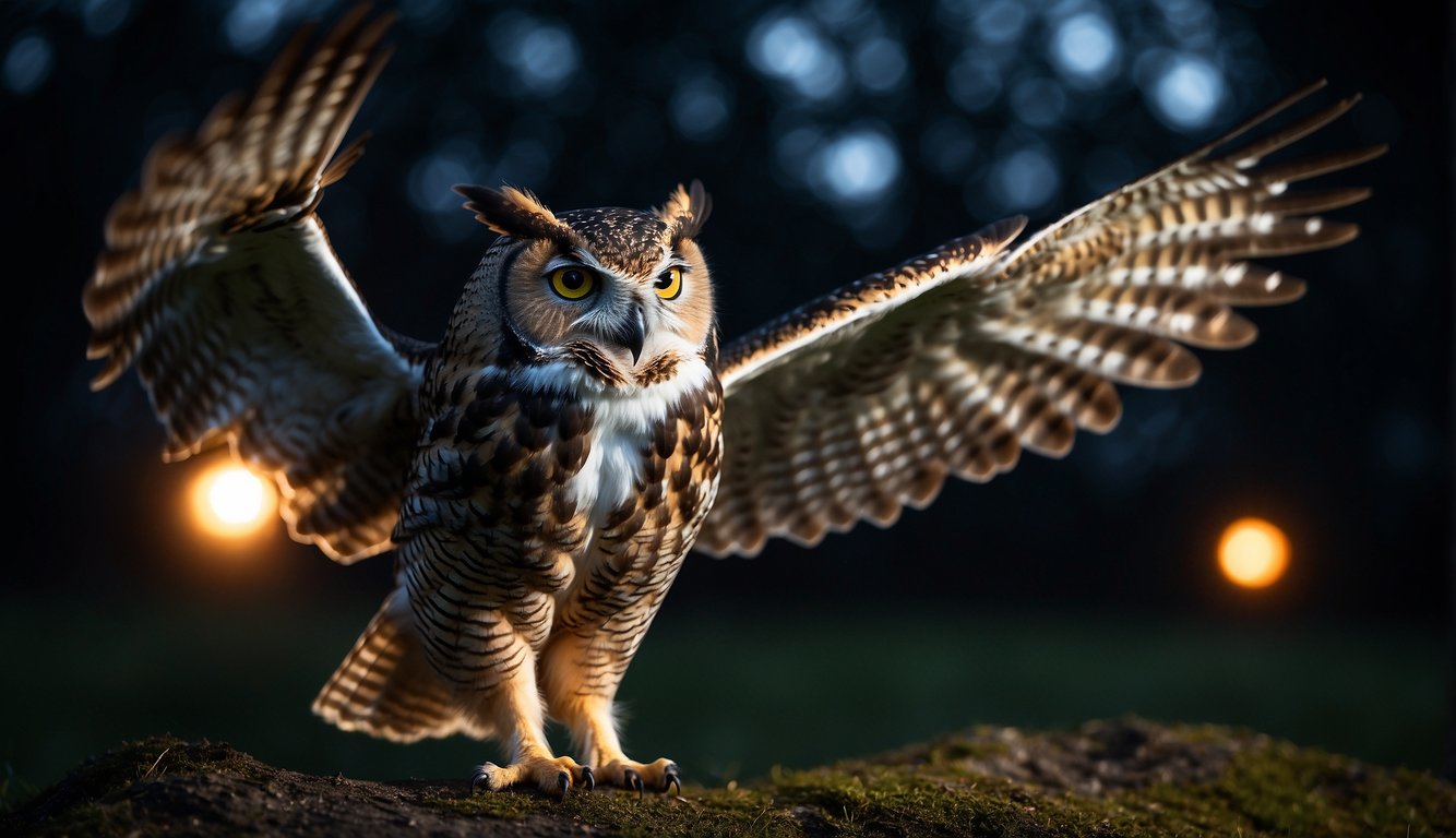 An owl glides through the night, its wings spread wide in complete silence.

The moonlight illuminates its graceful flight as it searches for prey