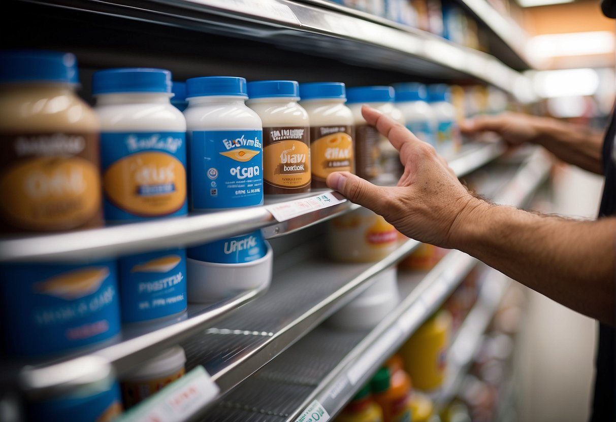 A hand reaching for a tub of protein powder on a store shelf