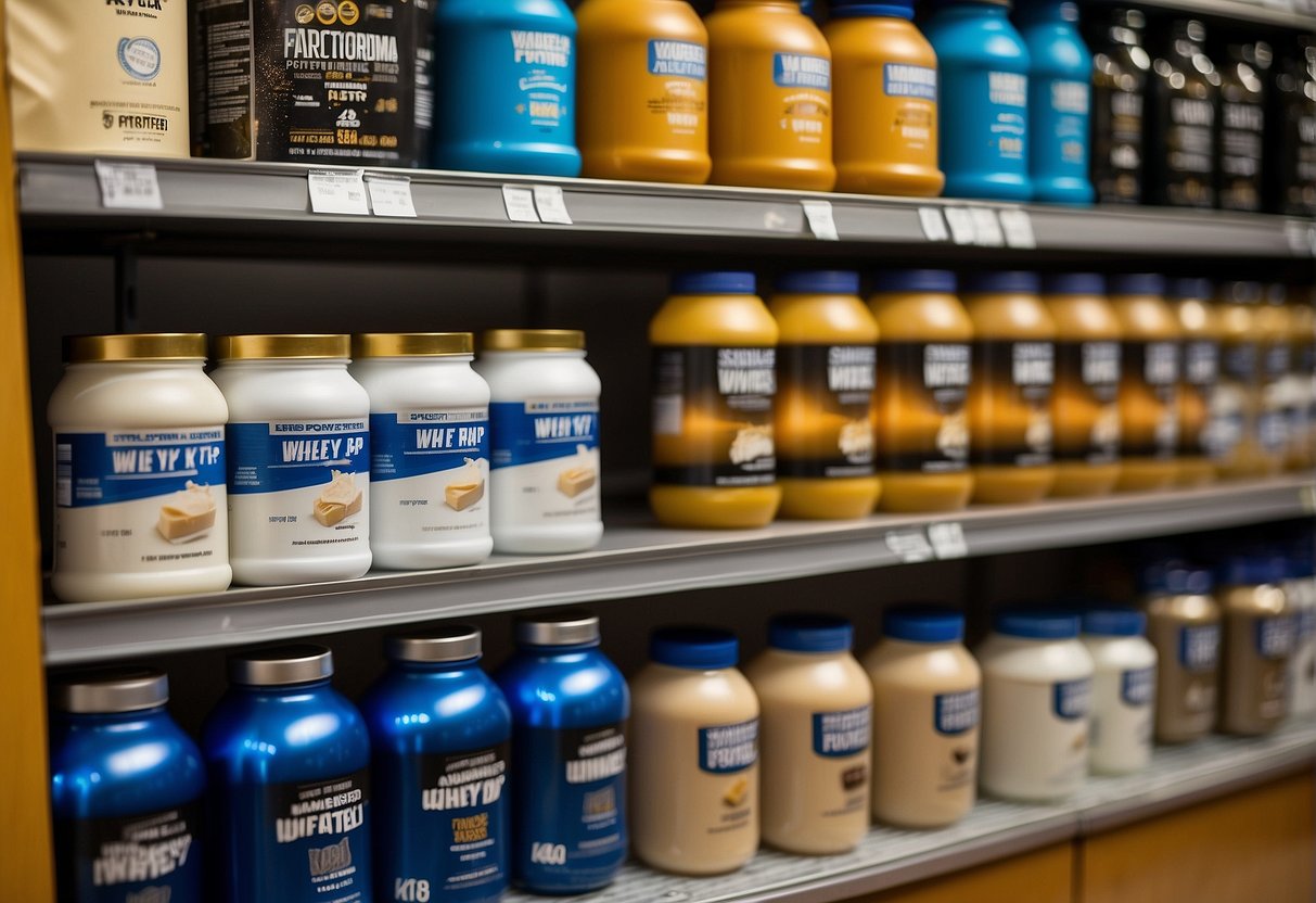 Various brands and product lines of whey protein powder displayed on shelves