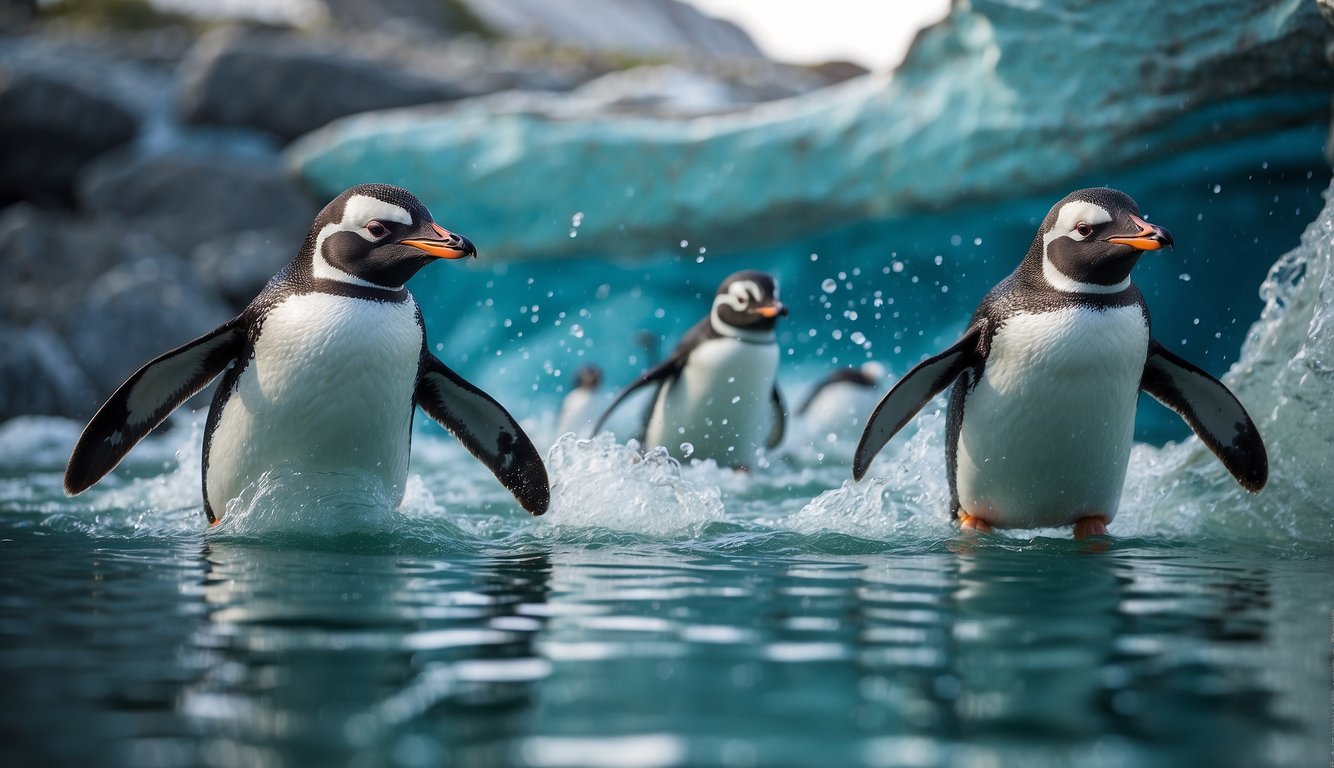 Penguins effortlessly glide through the crystal-clear water, using their flippers to gracefully maneuver and propel themselves forward with precision and agility