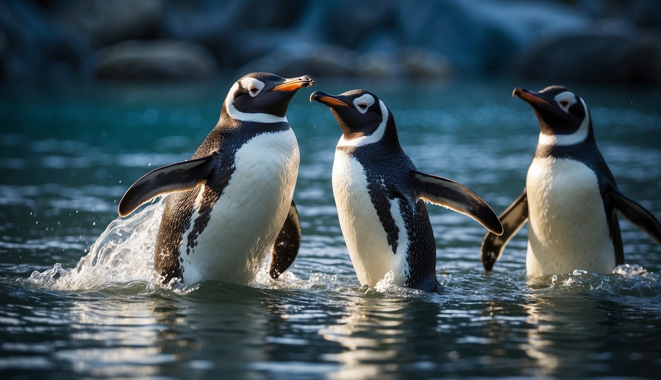 Penguins swiftly dive and glide through crystal-clear waters, effortlessly catching fish and evading predators with their streamlined bodies and powerful flippers