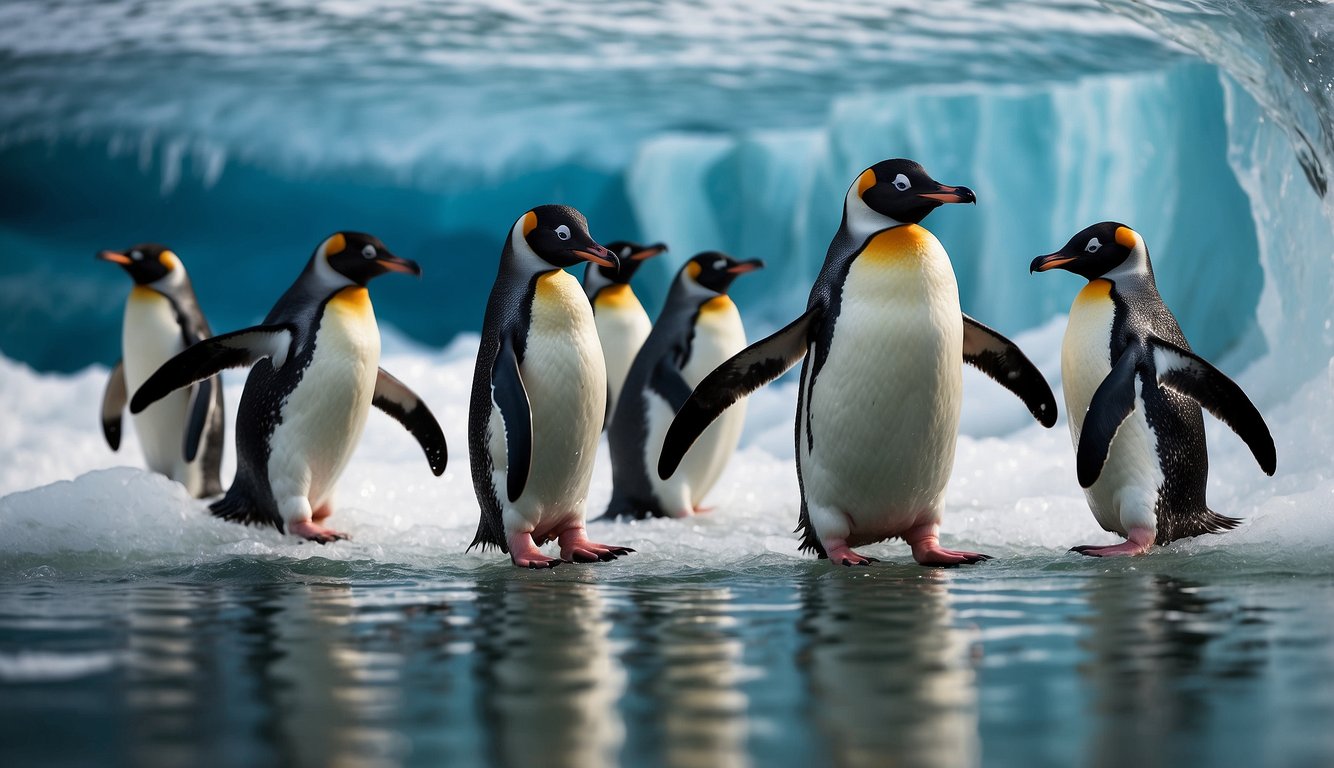 Penguins gracefully glide through clear, icy waters, effortlessly propelling themselves with sleek, streamlined bodies and powerful flippers
