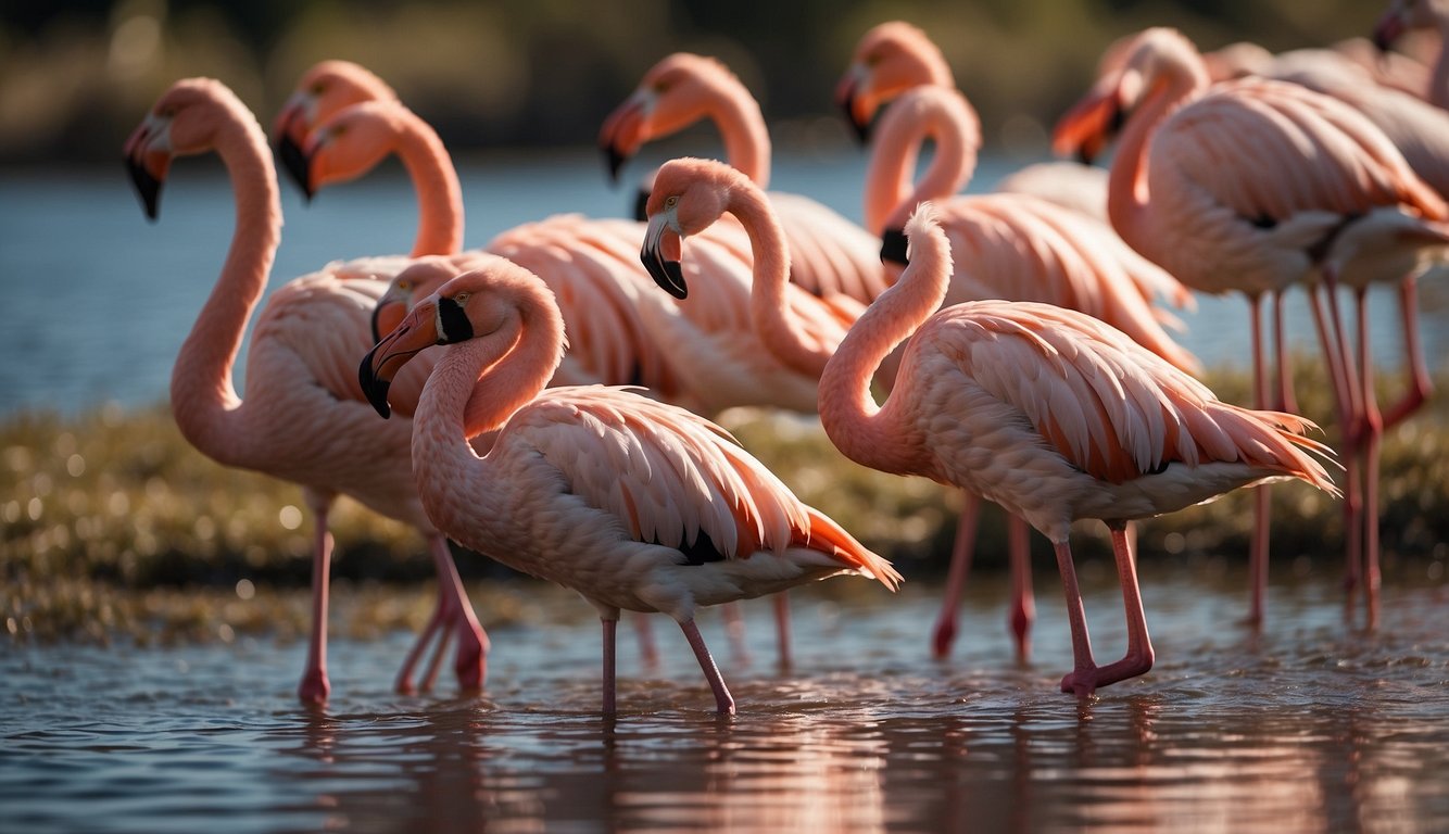 A group of flamingos wade through shallow water, their vibrant pink feathers catching the sunlight.

The stillness of the scene is interrupted by the occasional splash as the birds dip their long necks to feed