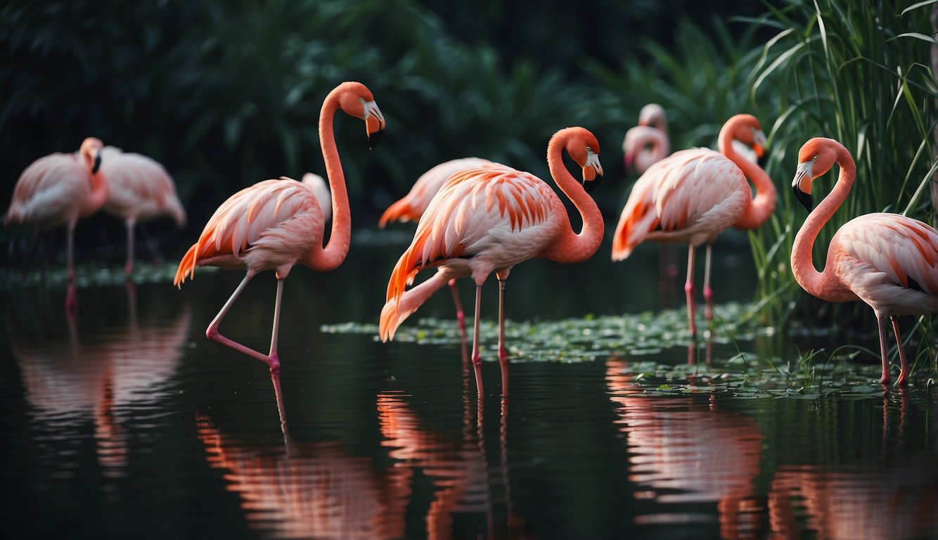 Flamingos wade in shallow, pink-tinged waters surrounded by lush greenery and tall reeds.

The vibrant pink hue of their feathers stands out against the serene backdrop of their natural habitat