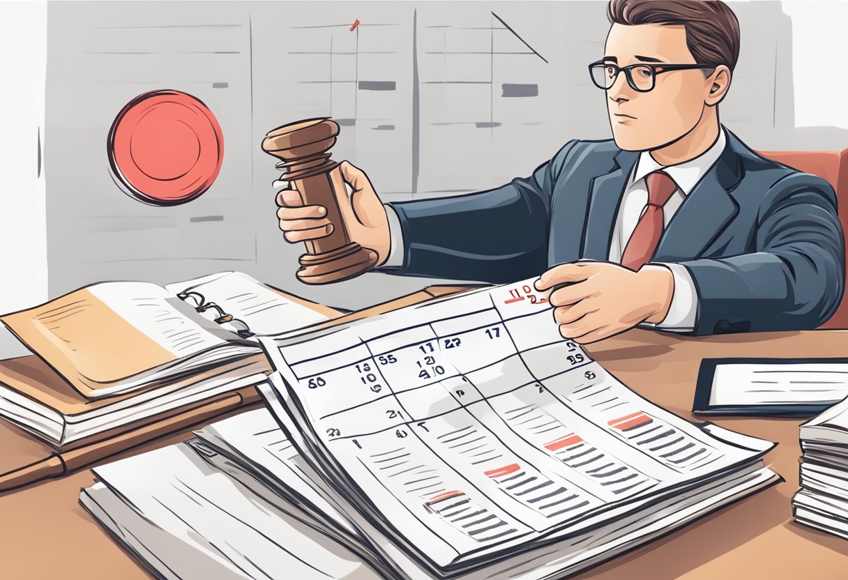 A person holding a calendar with a red circle around a missed deadline date. A lawyer pointing to a legal document with a judge's gavel in the background