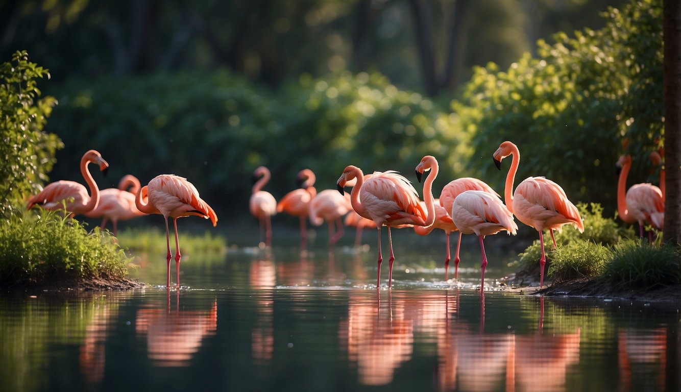 A flock of flamingos wading in shallow water, their vibrant pink feathers reflecting in the sunlight.

Surrounding vegetation adding to the colorful scene