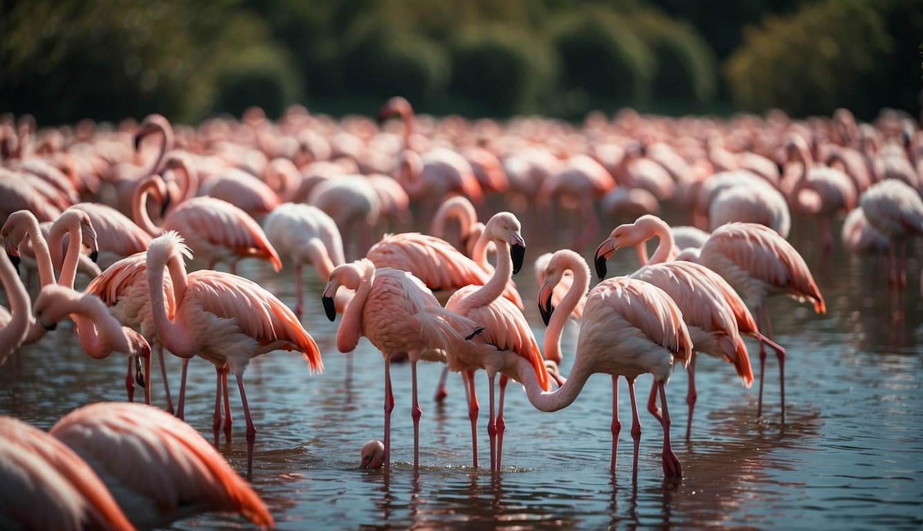 A flock of flamingos wade in a shallow, pink-tinged lagoon, surrounded by lush greenery and clear blue skies.

Their vibrant pink hue stands out against the serene natural backdrop