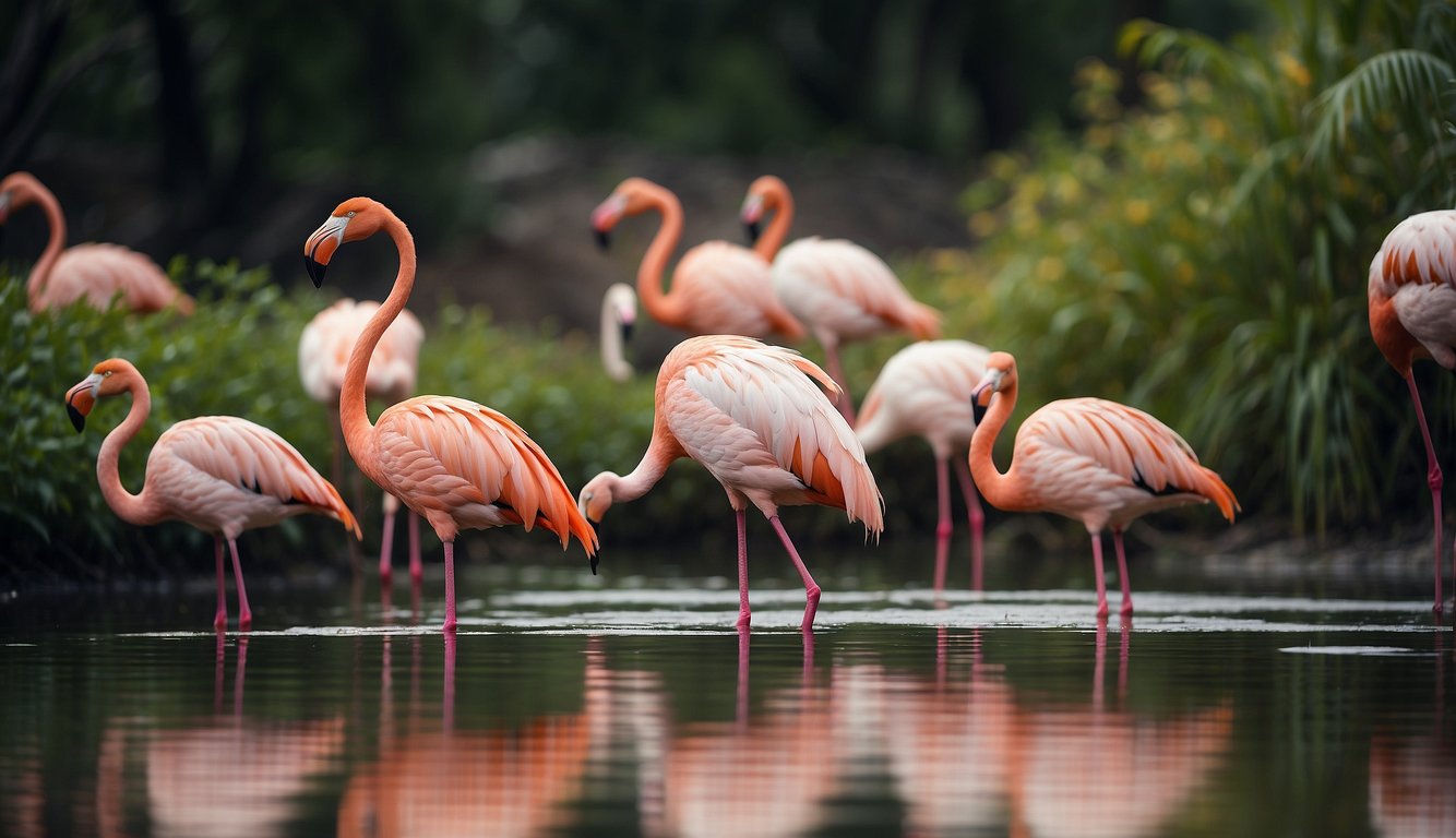 A group of flamingos wading in shallow water, their vibrant pink feathers reflecting in the sunlight.

Surrounding vegetation adds to the serene, natural setting