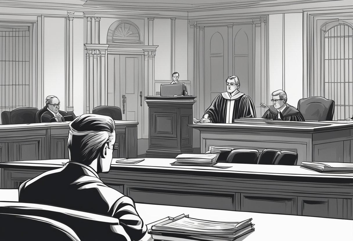 A courtroom scene with a judge presiding over a case involving missed deadline for point transfer. Lawyers present arguments, while a stenographer records proceedings