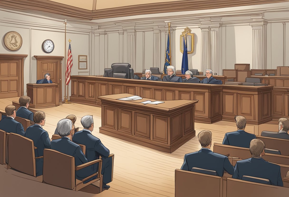 A courtroom setting with a judge presiding over a case involving a missed deadline for point transfer. Lawyers present arguments as the plaintiff seeks a judicial resolution