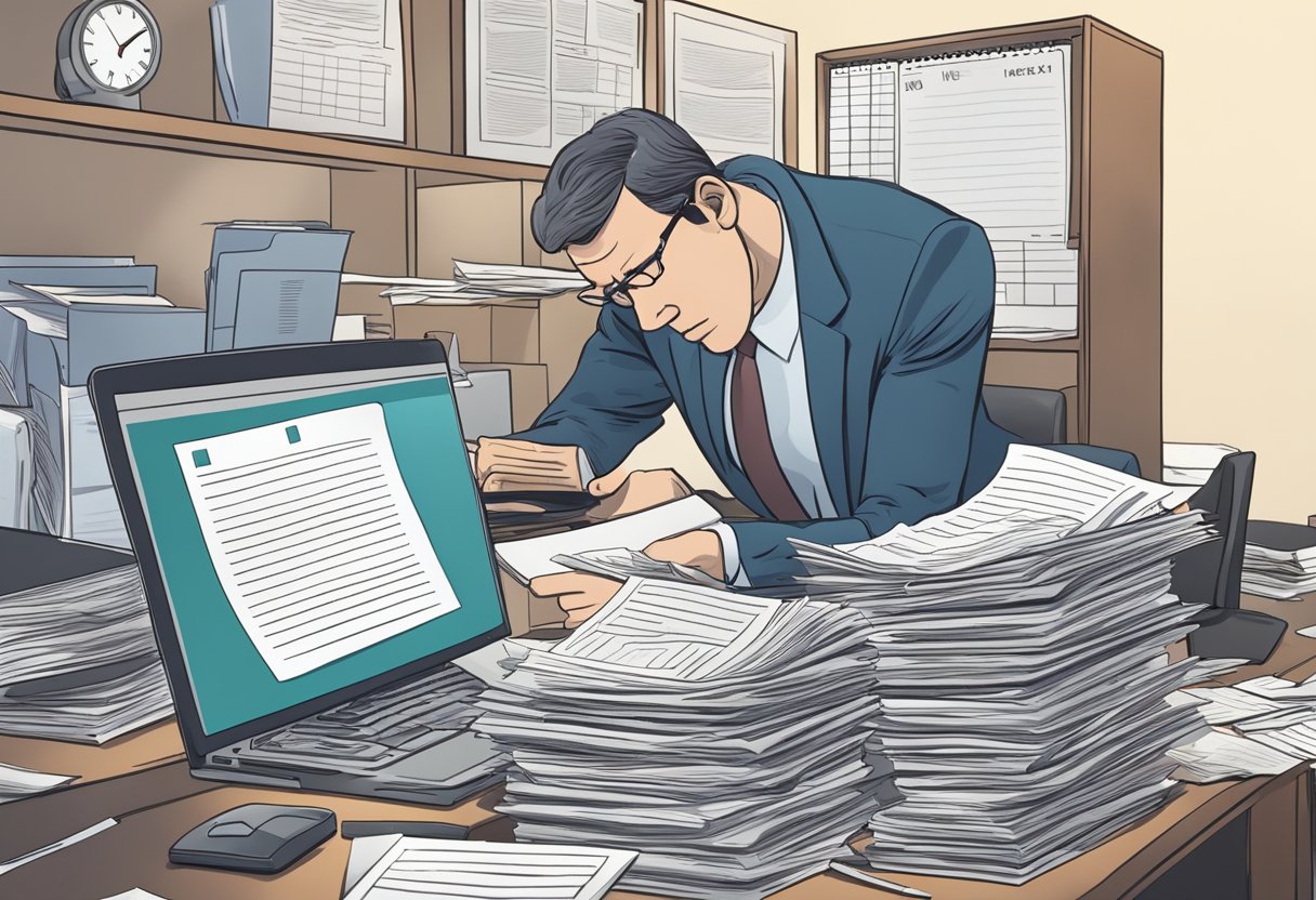 A lawyer frantically searches through a pile of paperwork, a calendar showing a missed deadline, and a computer screen displaying legal documents