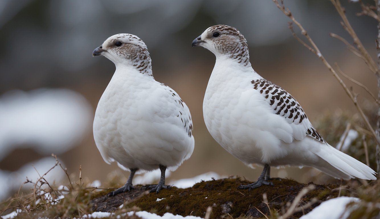 In a snowy landscape, ptarmigans blend in with white feathers in winter and brown in summer, showcasing their remarkable camouflage mastery