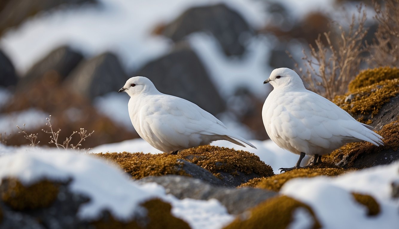 In a snowy landscape, ptarmigans molt from white to brown feathers, blending into rocks and shrubs.

Their camouflaged forms disappear into the changing seasons