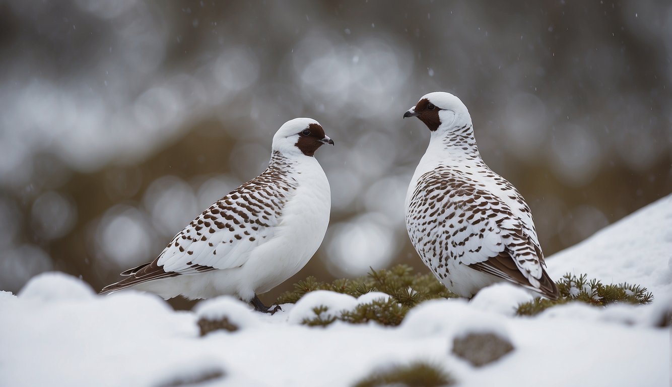 In a snowy landscape, ptarmigans blend seamlessly with their surroundings, their feathers shifting from white in winter to mottled brown in summer
