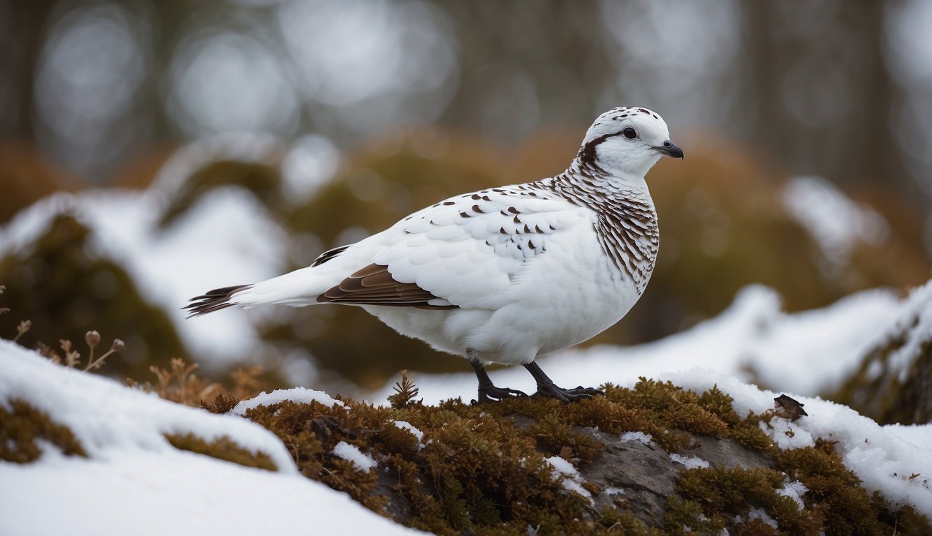 A ptarmigan standing in a snowy landscape, transitioning between brown summer plumage and white winter plumage, surrounded by changing foliage