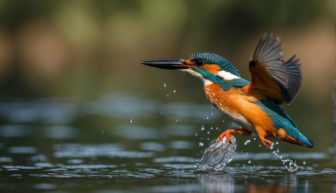 Kingfisher hovers over water, eyes fixed on prey.

Suddenly, it dives with precision, disappearing beneath the surface