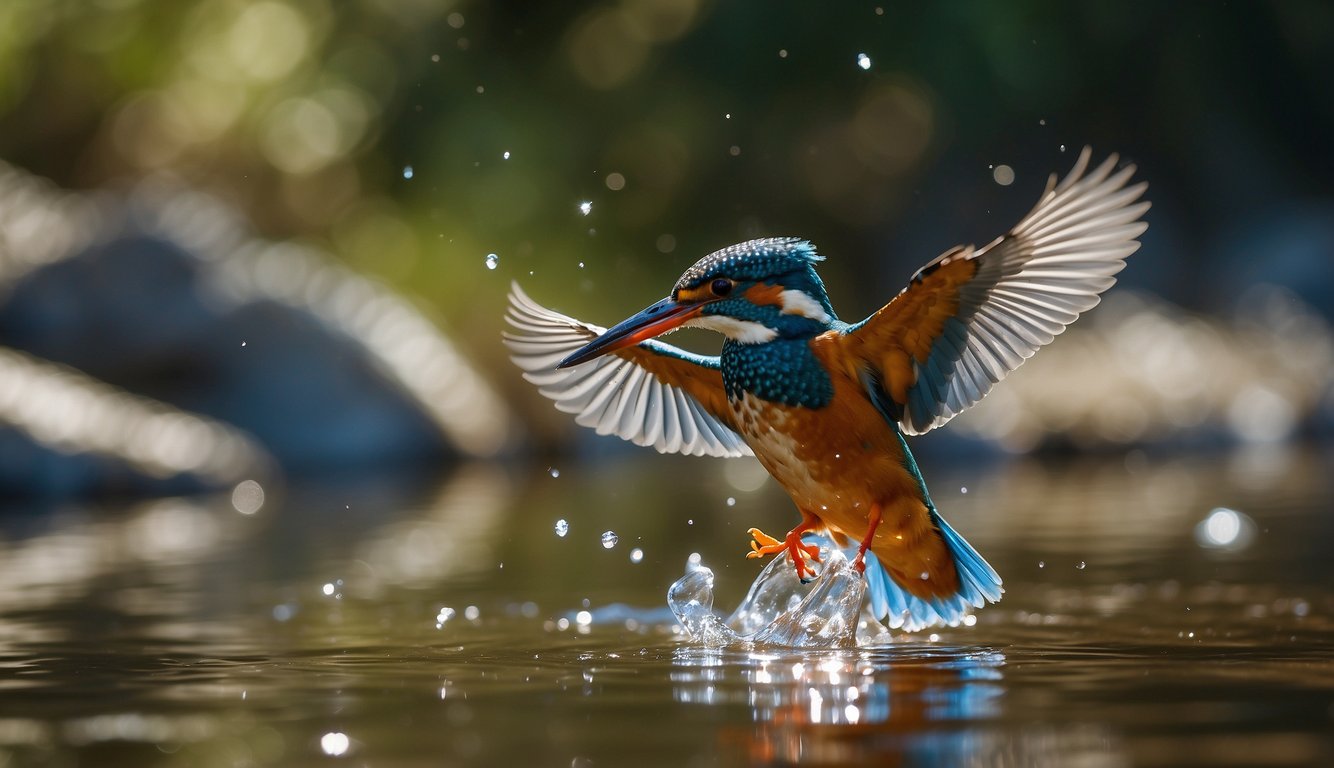A kingfisher hovers above a crystal-clear stream, its iridescent blue and orange feathers shimmering in the sunlight.

With laser-like focus, it plunges into the water, emerging with a wriggling fish clasped in its sharp