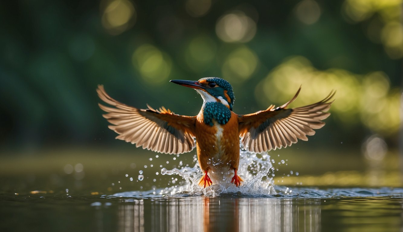 A kingfisher swoops down, its vibrant feathers shimmering in the sunlight as it plunges into the water with precision.

Surrounding trees and lush greenery provide a natural habitat for these beautiful birds