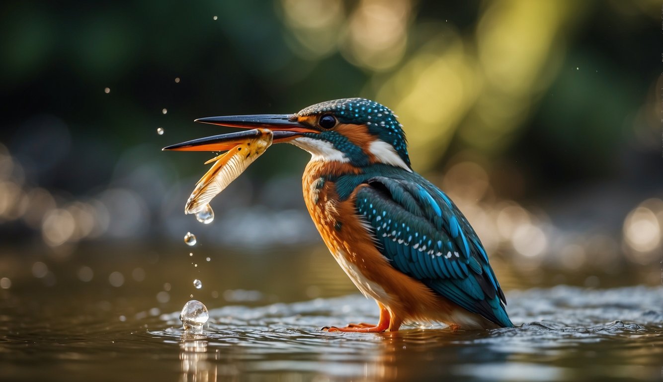 A kingfisher hovers above a tranquil river, its vibrant plumage catching the sunlight.

With keen eyes, it spots a fish below and dives with precision, emerging triumphantly with its catch
