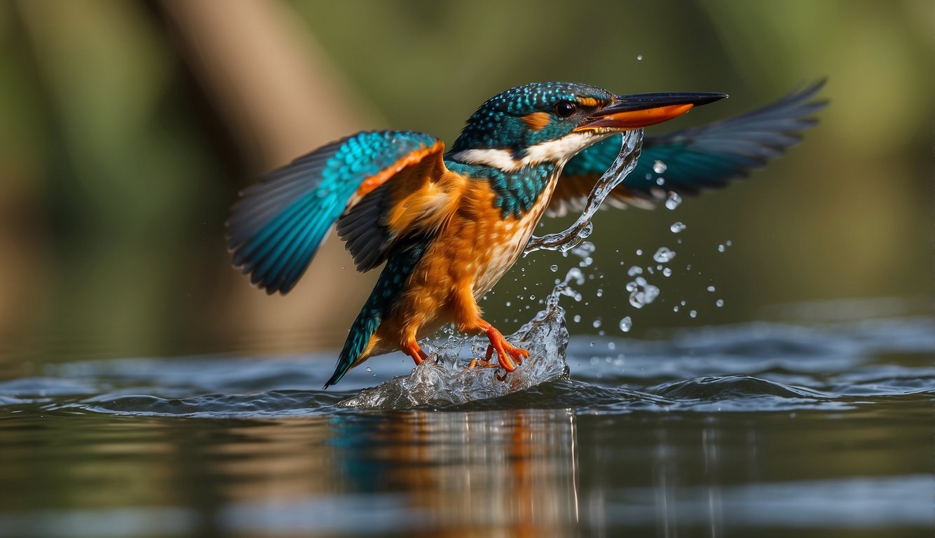 A kingfisher dives from a branch, its sleek body cutting through the water with precision.

The splash creates ripples in the calm surface
