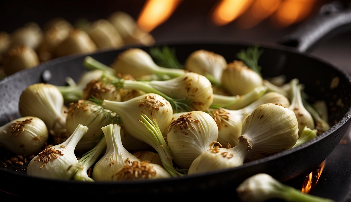 Fennel bulbs sizzling on a hot pan, releasing a fragrant aroma as they turn golden brown and caramelized