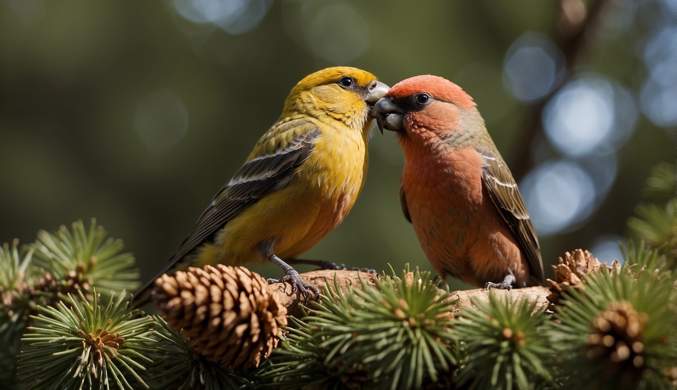 A crossbill perches on a pine cone, using its twisted beak to pry out seeds.

Its beak crosses at the tip, allowing it to access food other birds can't