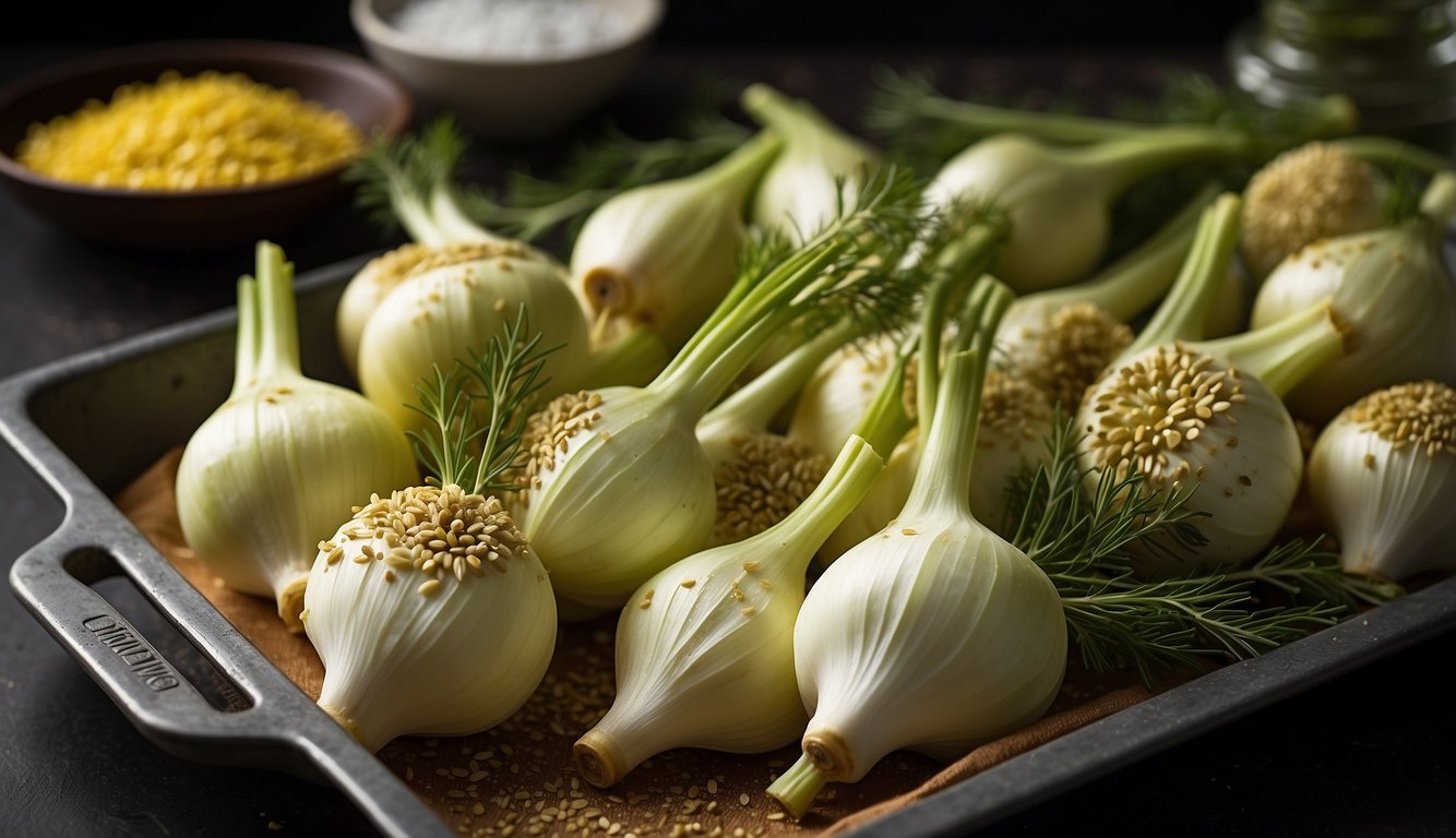 Fennel bulbs arranged on a baking sheet, drizzled with olive oil and sprinkled with salt and pepper, ready for roasting