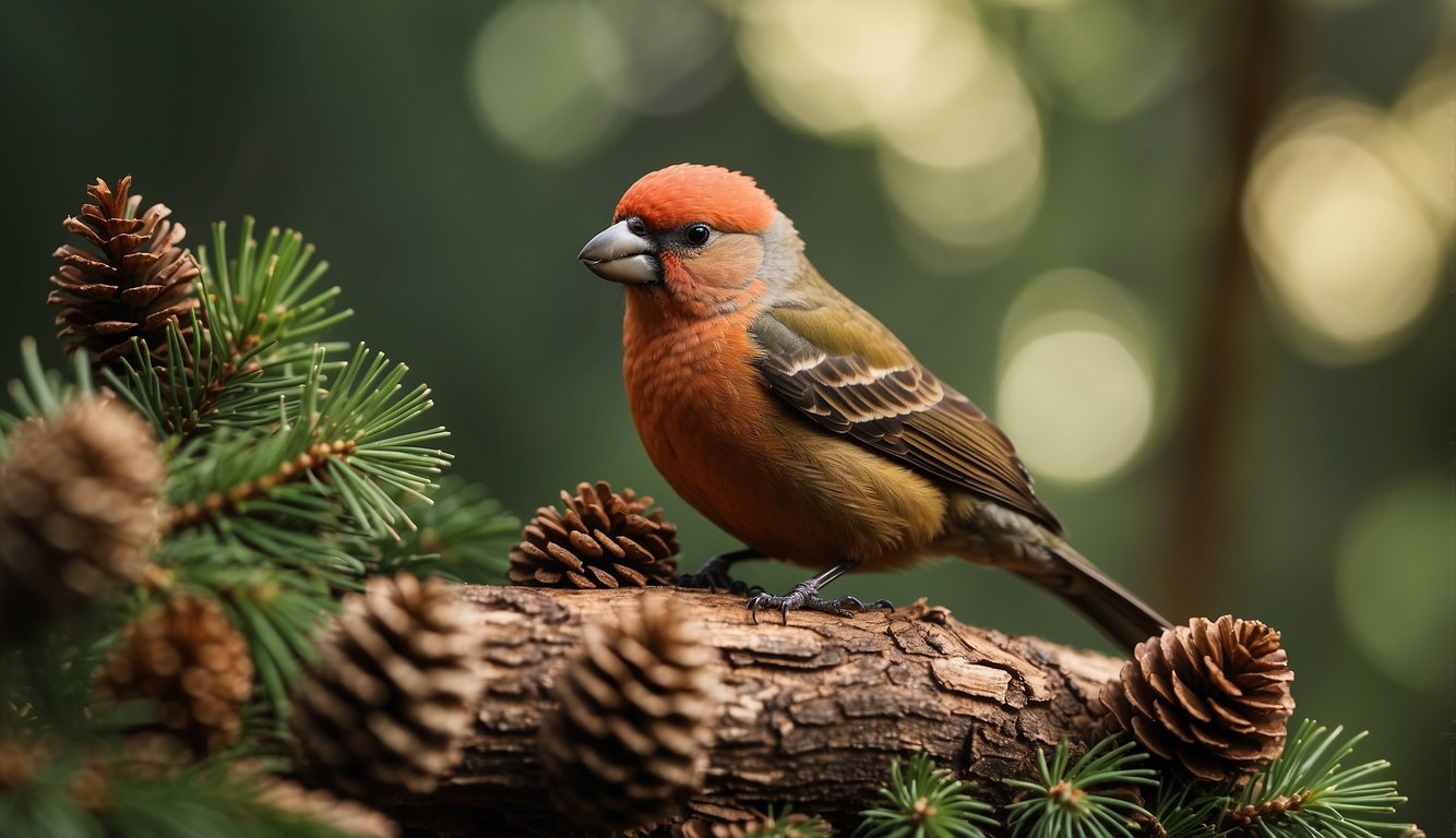 The crossbill perched on a pine cone, its twisted beak expertly prying out seeds.

Surrounded by coniferous trees in a forest setting