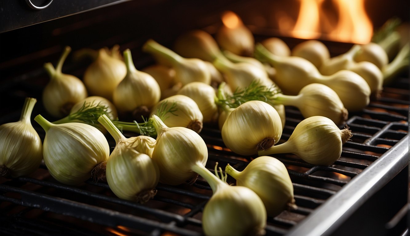 Fennel bulbs being roasted in a hot oven, releasing a fragrant aroma as they turn golden brown