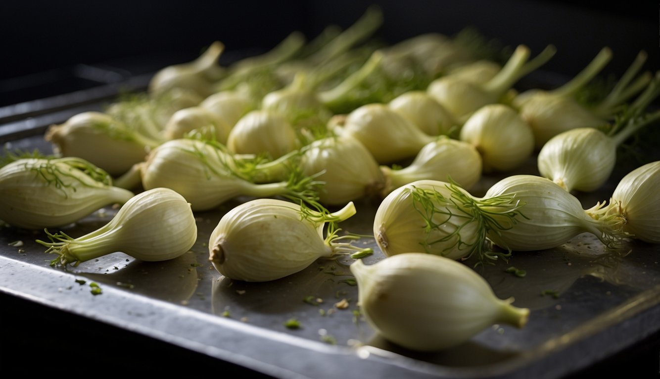 Fennel bulbs being sliced and drizzled with oil, then placed on a baking sheet. The oven door is open, and the bulbs are being roasted to perfection